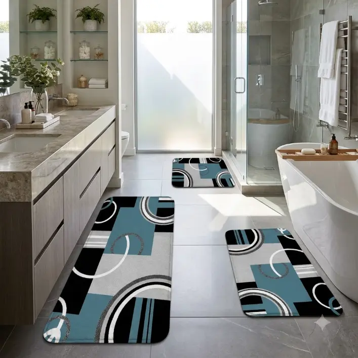 1/2/3pcs  Simple European Style Black, Gray and Blue Plaid Pattern Flannel Bathroom Mat Set with Strong Absorbency, Includes U-Shaped Toilet Pad Suitable for Kitchen, Bathroom Decor, Bath Mat, Bedroom Rug, Outdoor Entrance Mat, Laundry Area Carpet