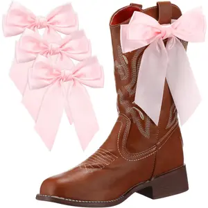4 Pcs Pink Bow Boot Charms Removable Shoe Decor Clips for Cowboy Boots, DIY Accessories for Wedding Party Gifts(Snap Button,6.3" X 5.3")