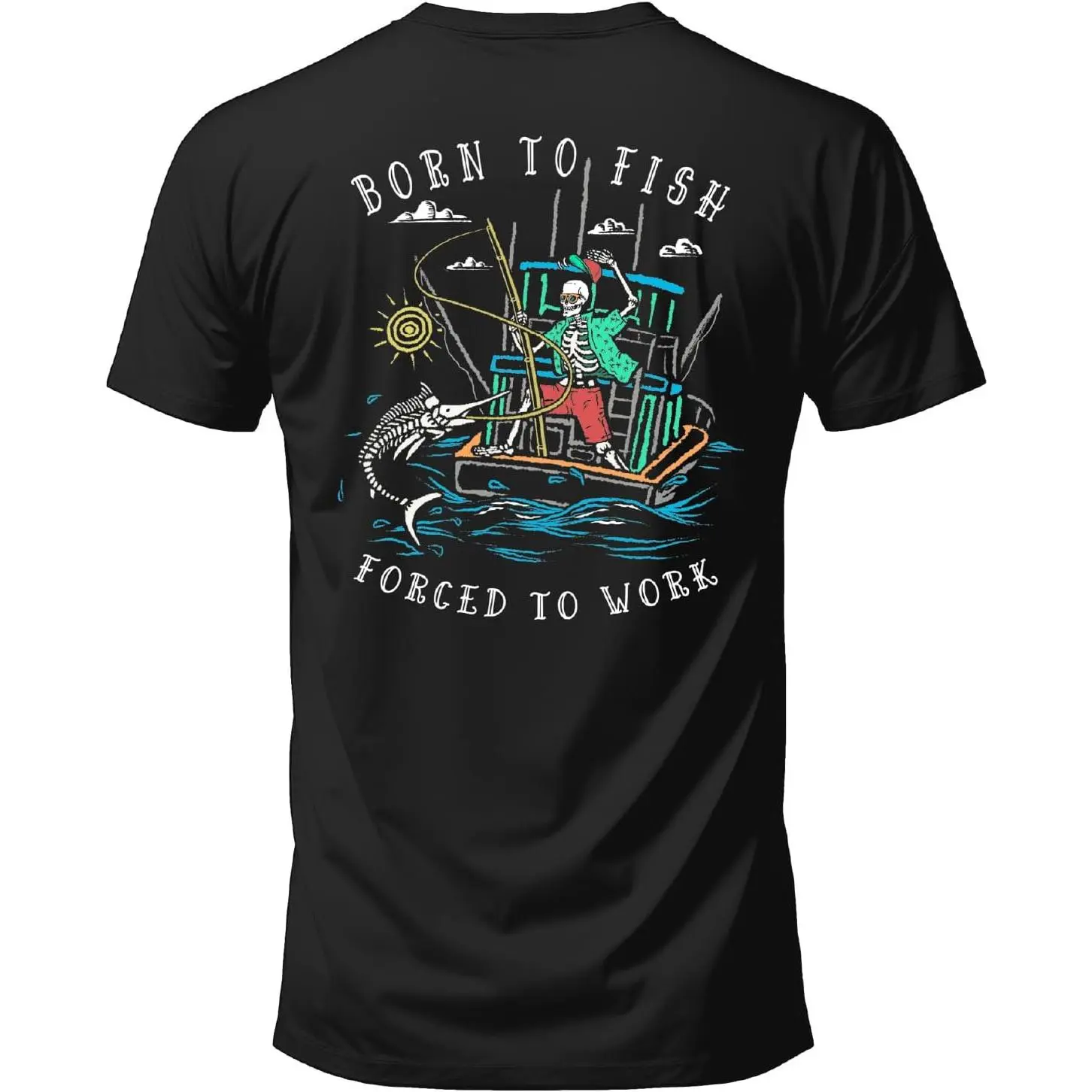 Men's Salty Bones Born to Fish Forced to Work Fishing Boat Graphic Short-Sleeve Round Neck Top, 100% Ringspun Cotton, Soft Classic Fit Menswear T-Shirt, Printed in USA
