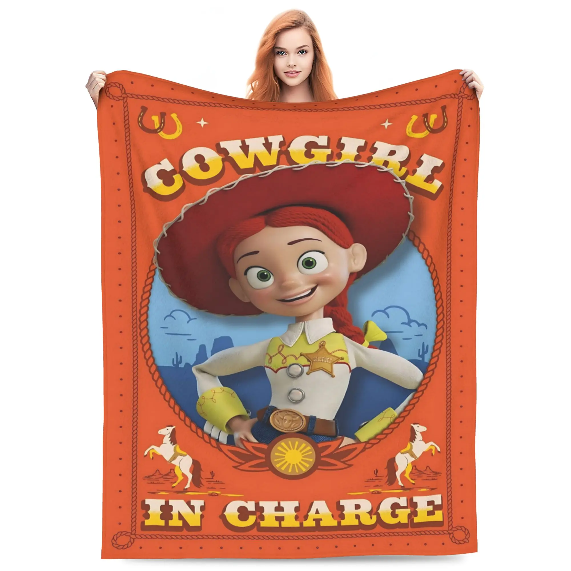 DISNEY CLASSIC Toy Story Jessie Cowgirl In Charge Throw Blanket, Western Cowgirl Jessie Orange Rope Frame Desert Horse Horseshoe Cartoon Print Flannel Fleece Blanket Soft Cozy Blanket for Sofa Bed Gift for Kids Toy Story Fans