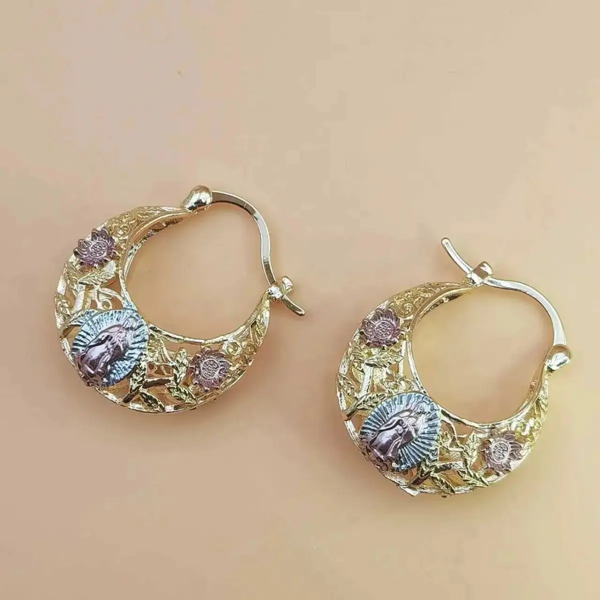 Virgin Mary Guadalupe Hoop Earrings - Vintage Filigree Hollow Floral Religious Dangle Huggies, Catholic Faith Jewelry Gift for Women