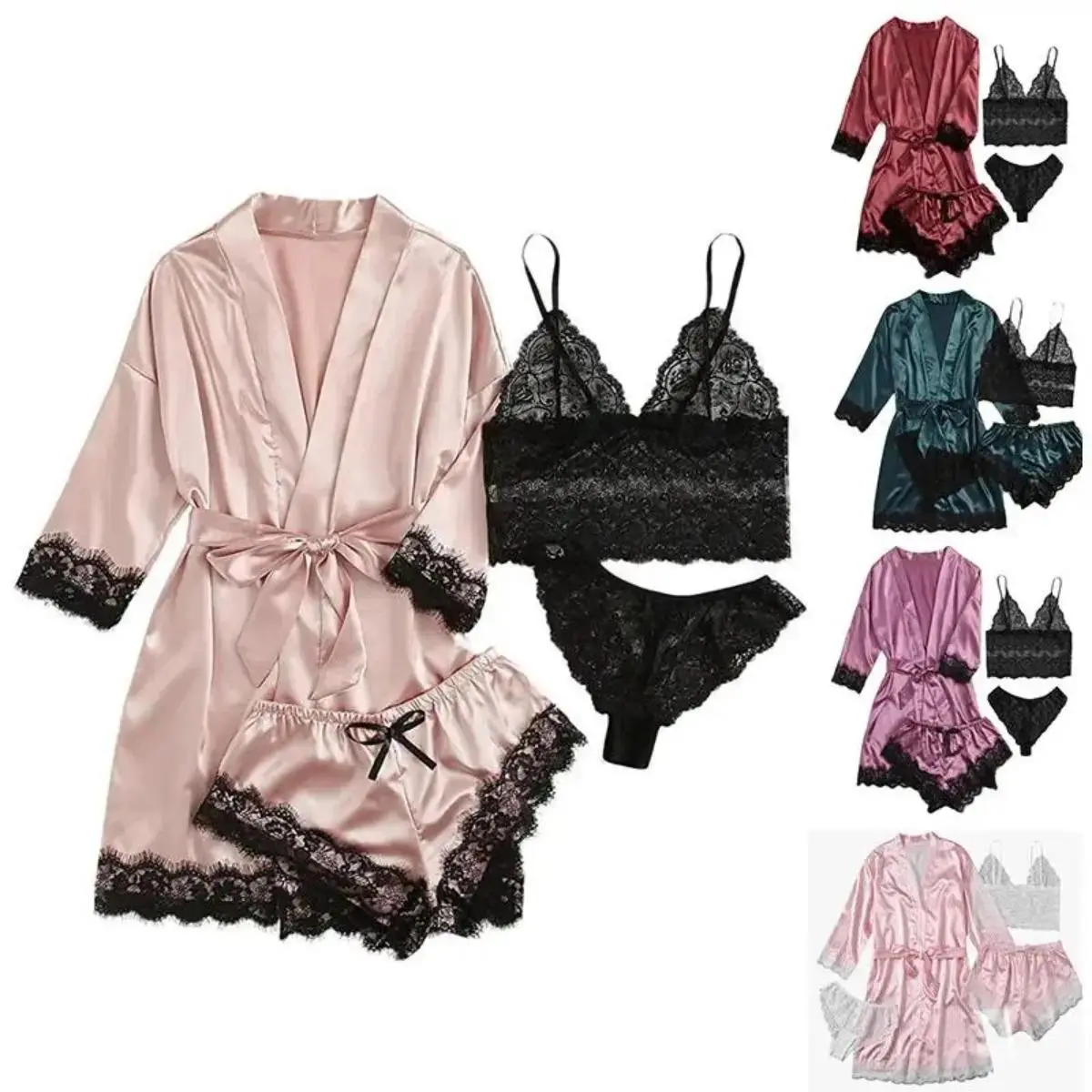 Women’s 4-Piece Pajama Set & Loungewear - Floral Lace Camisole Top, Solid Plain Robe, Shorts Sleepwear for Women, Pj Sets For Women