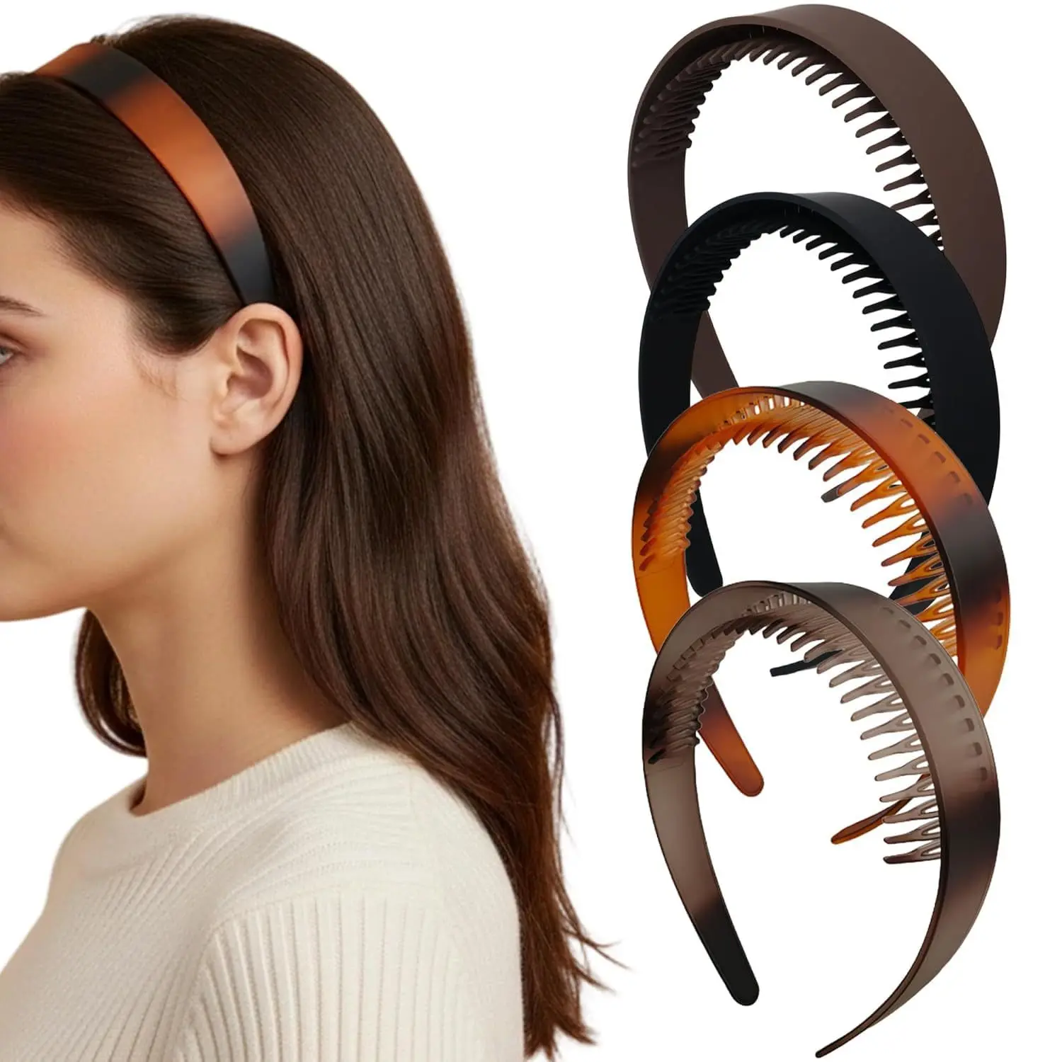Fashion Headband 4-Pack for Women, Retro Wide Resin Hairbands in Tortoiseshell & Matte Colors with Non-Slip Comb Teeth for Daily Styling, Chic Headbands, Accessories For Women, Smoothly Finished Interior Comb Teeth, Retro 90S Style, Hair Securing, Female,