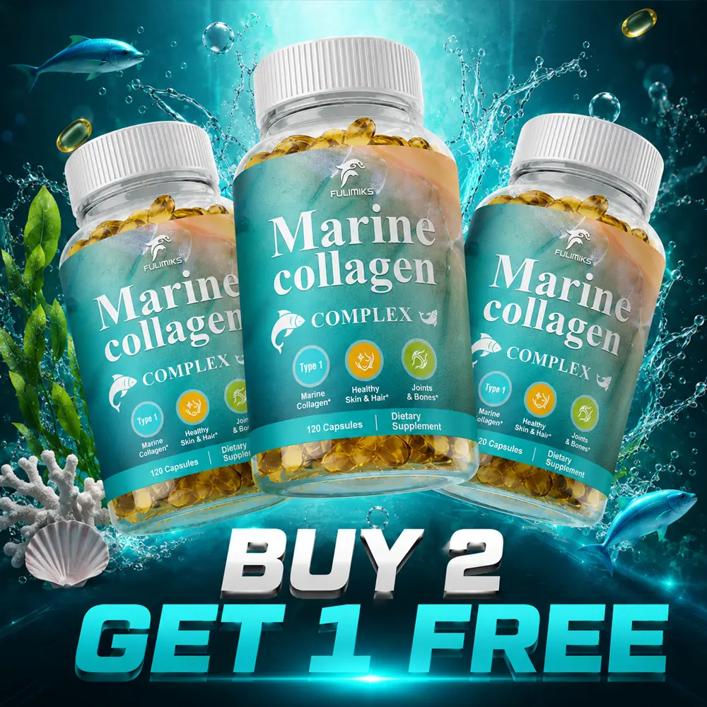 Buy 2, Get 1 Free, Marine Collagen Peptides 2000mg + Hyaluronic Acid 100mg + Vitamin C 100mg – Skin & Hair Health, Joints & Bones Support, Antioxidant Boost, 3 Bottles, 120 Softgels
