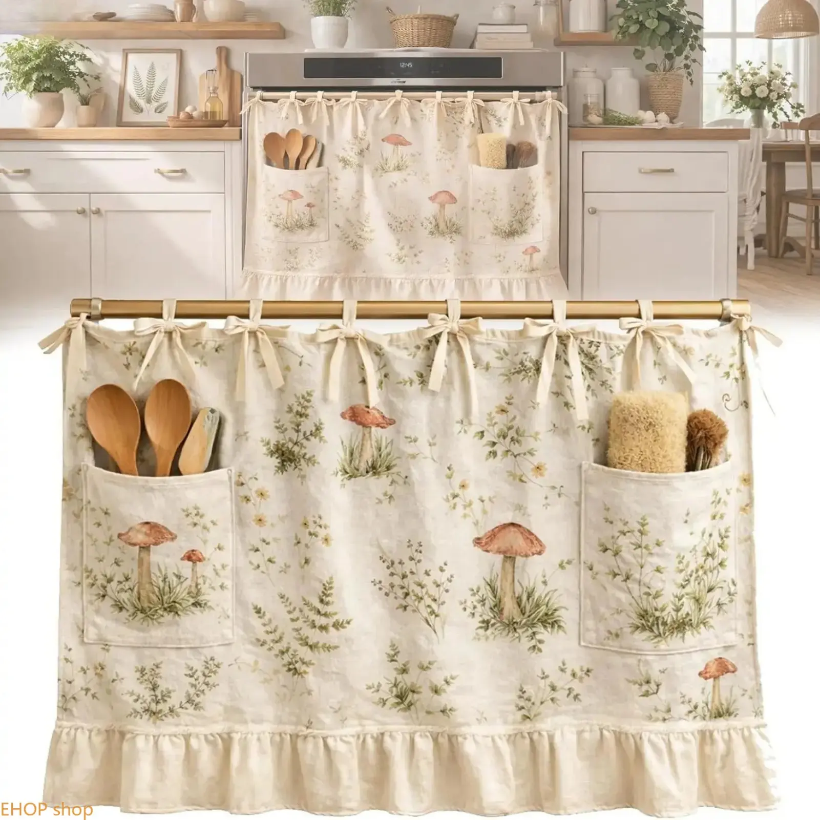 Handmade Ruffled Ribbon-Tied Appliance Skirt Curtain with Built-in Pockets, Dishwasher Oven & Cabinet Cover, Fits Under Washing Machine, Farmhouse Kitchen Organizer and Home Gift