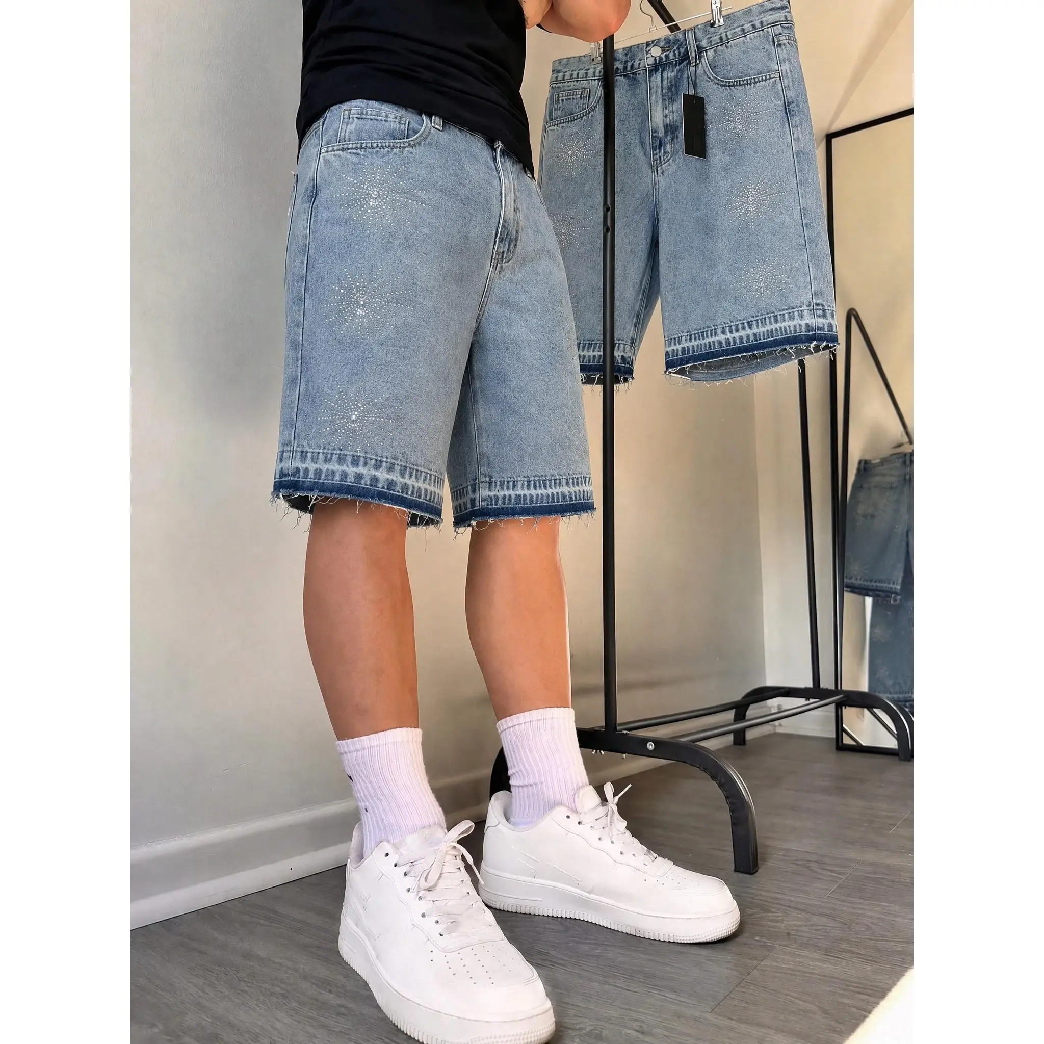 Men's Straight Leg Denim Shorts,Light Wash Blue Crystal Star Jorts,Y2K Streetwear Distressed Frayed Hem Jean Shorts,Summer Casual Loose Skater Bottoms,Rhinestone Starburst Light Wash Denim Jorts