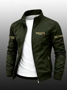 Men's Mexico Flag Print Lapel Sport Jacket, Long Sleeve Durable Casual Zipper Outerwear, Business Style Outdoor Coat, Slim Fit, Perfect Gift