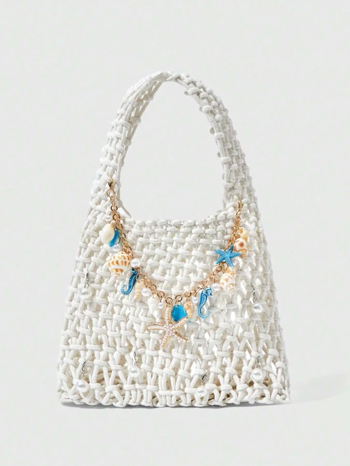 Boho Beach Bag, Hollow Out Seashell Chain Handbag, Women's Lightweight Tropical Travel Pouch, Sea Horse Pearl Starfish Design