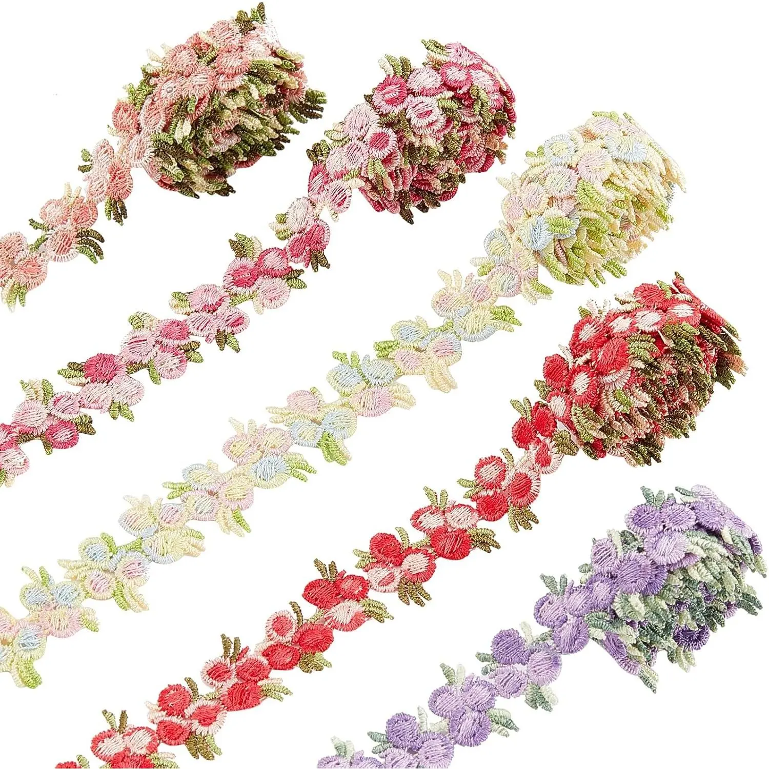 5 Colors Flower Trim Ribbon Floral Lace Applique Rose Embroidered Polyester Edge Trim for Wedding Dresses Sewing Craft DIY Party Decor Clothes Embellishment, 5 Yards