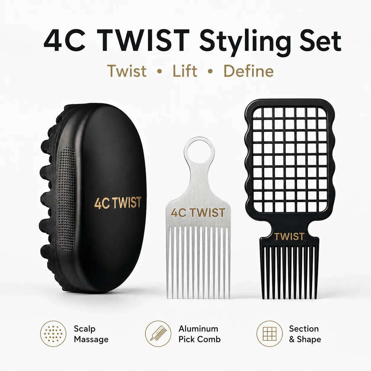 3PCS Hair Styling Kit for Men & Women, Twist Sponge Brush, Hair Pick Comb & Sectioning Grid Comb Set for Coils, Curls, Locs, Twist Style, Scalp Massage and Daily Hair Styling, Hairstyling Comb