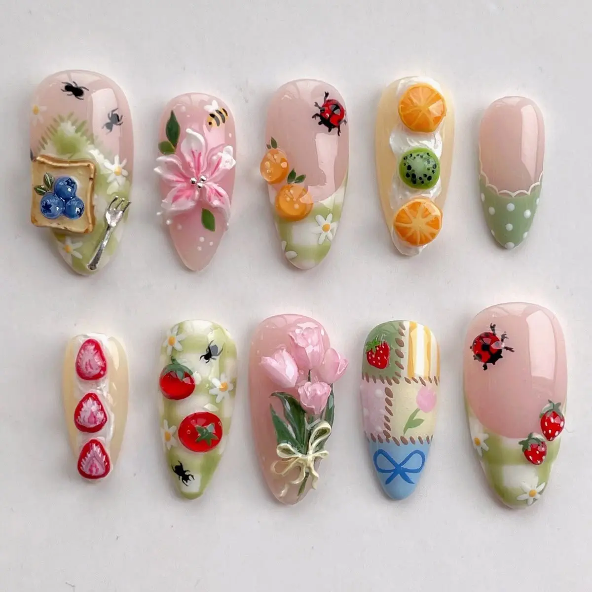 24pcs 3D Cottagecore Press on Nails, Press on Sets, Medium Round Handmade Fake Nails, Decorative Nails, Strawberry Flower Ladybug Design, Glossy Reusable Glue on Nails for Women