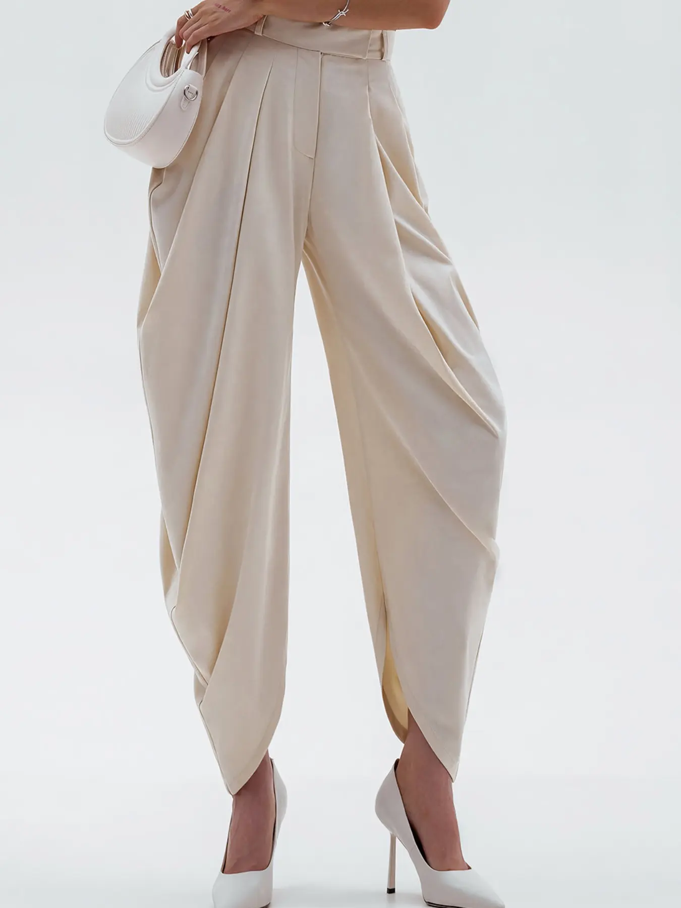 High Waist Draped Satin Baggy Harem Pants, Asymmetric Irregular Ruched Flowy Wide Leg, Fashion Designer Trousers, Stylish and Comfortable, Perfect for Any Occasion