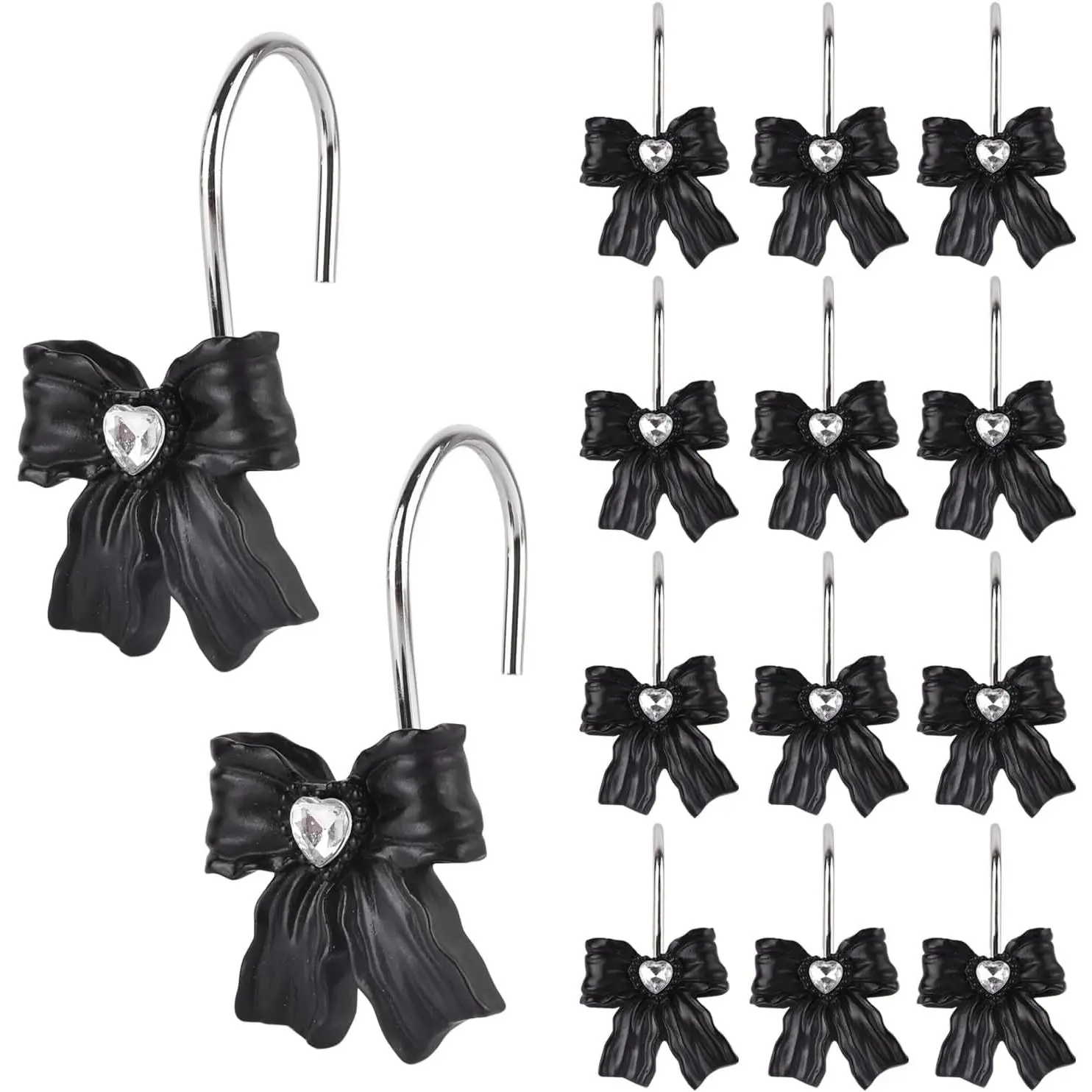 12 count Shower Curtain Hooks Rings,Black Bow Decorative Shower Curtain Hooks | Modern  Decorativ Rust Resistant Hangers Shower Hooks for Bathroom Shower Rod,Bedroom,Living Room