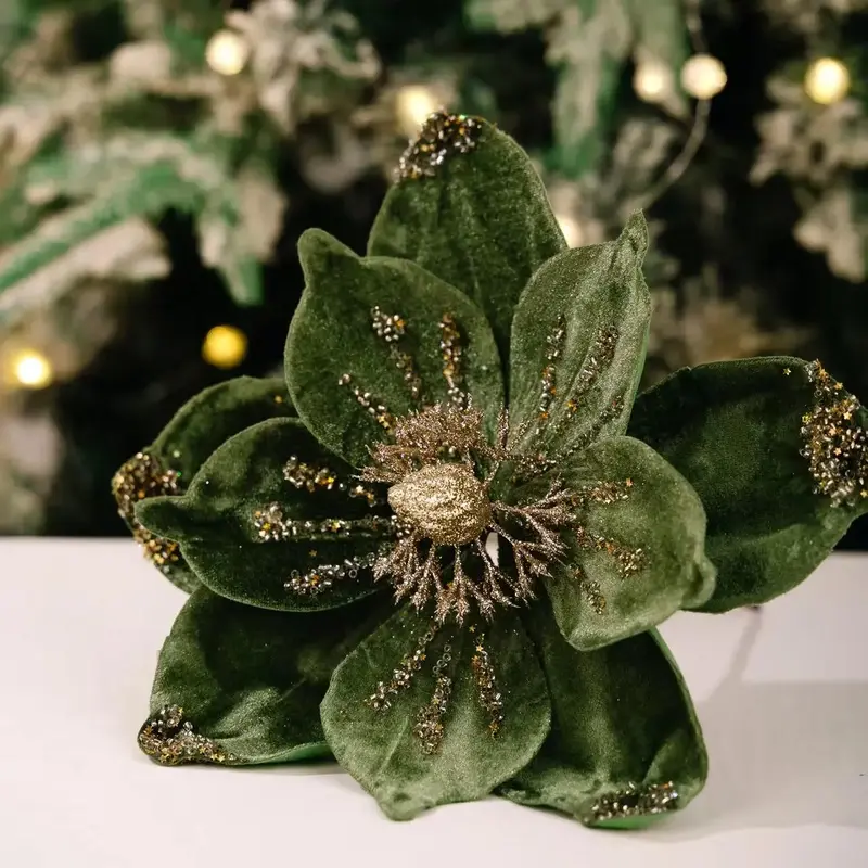 Realistic Artificial Christmas Velvet Flower with Sparkling Center and Flexible Stem, Elegant Poinsettia Magnolia Decor for Tree Wreath Bouquet Home Hotel flower ornament Artificial Flowers Indoor