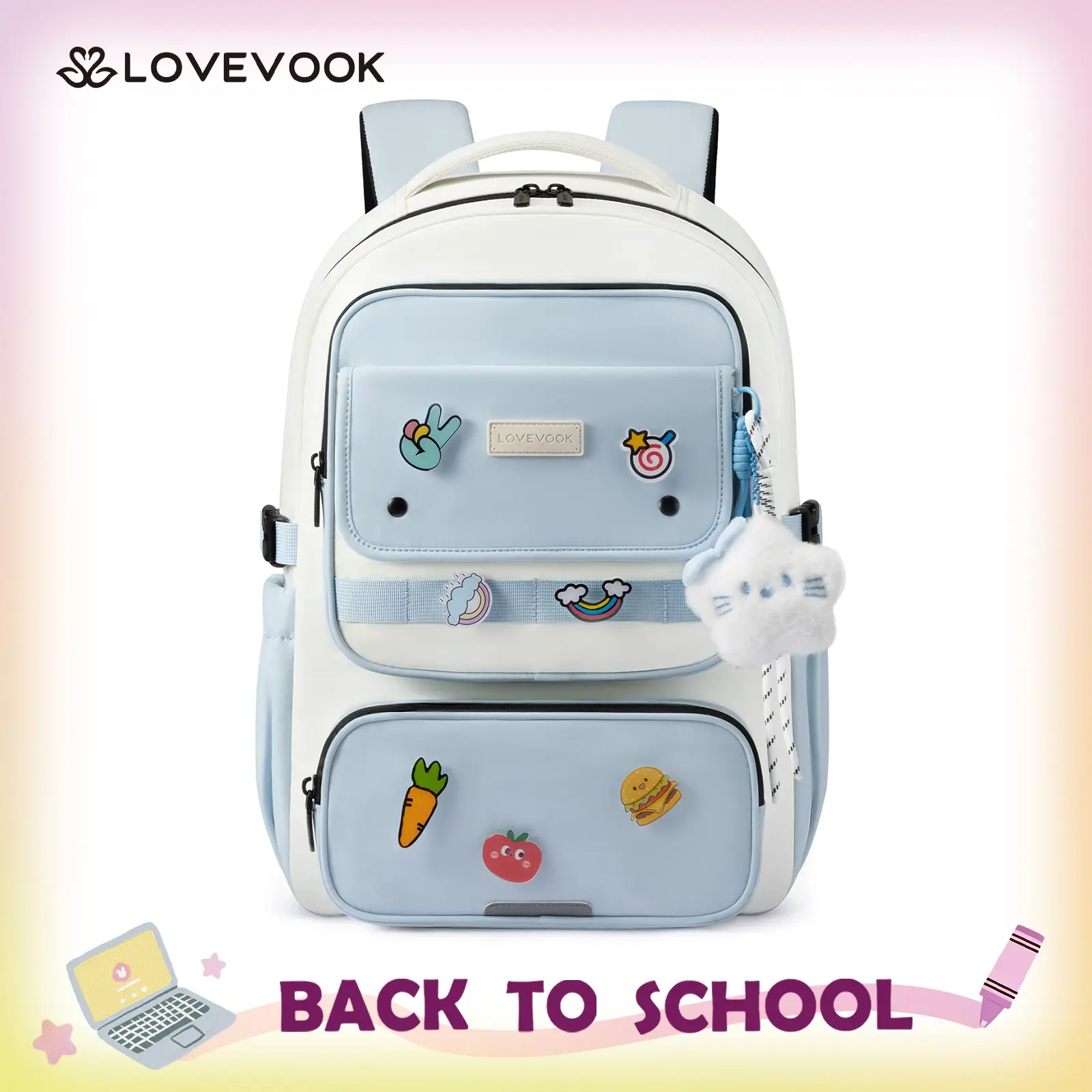 LOVEVOOK School Backpack for Teen Girl, Cute Bookbag with Large Bottle Holder, Lightweight Elementary Middle High School Student Backpack Fits 15.6 Inch Laptop, Back to Schools Kid Gift, Blue-Cream