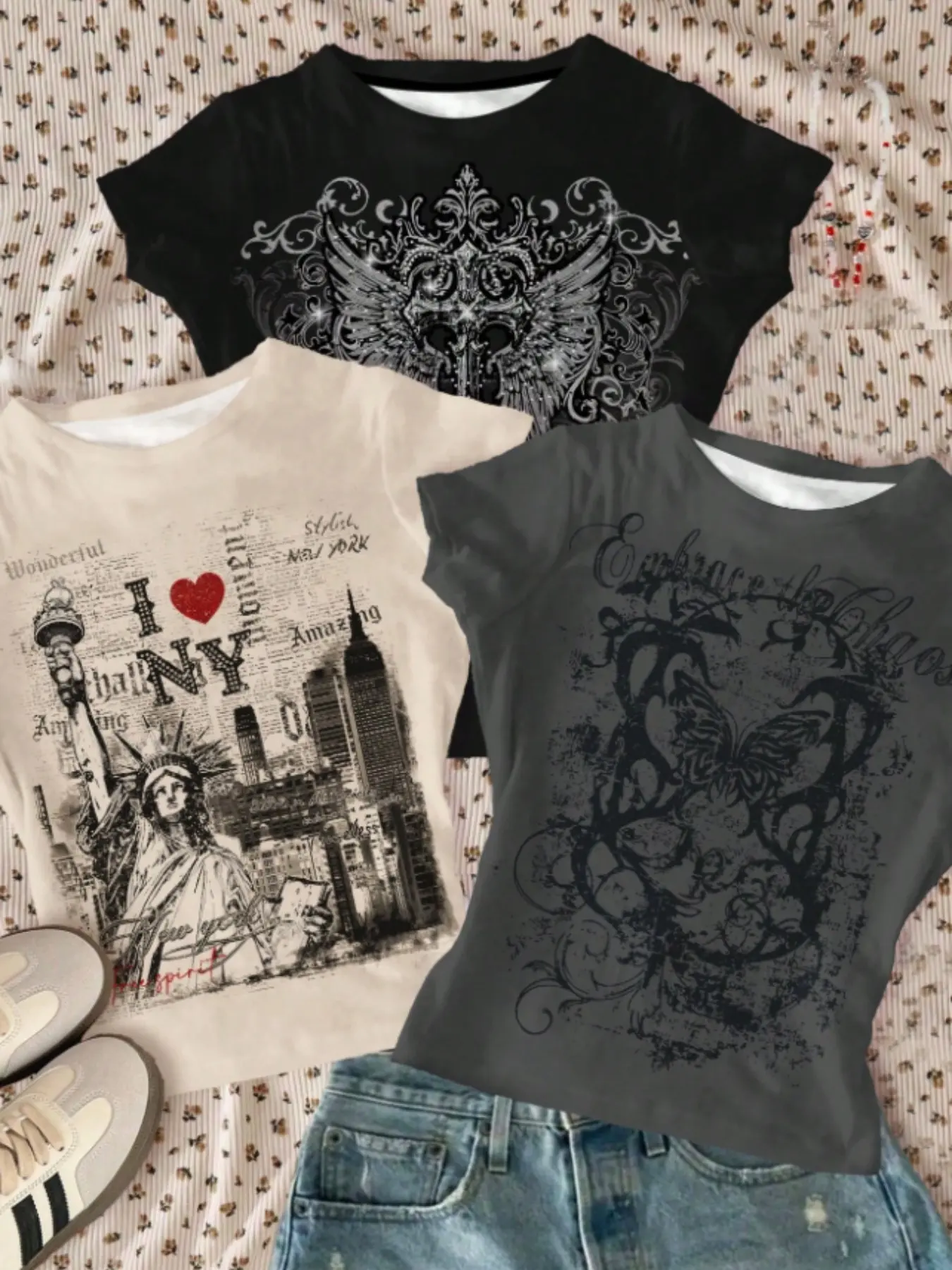 3-Pack Girls' Retro Short Sleeve T-Shirts, Graphic Tee Top, American Vintage Statue of Liberty & Butterfly Print, Soft Elastic Kids Streetwear, Daily Wear