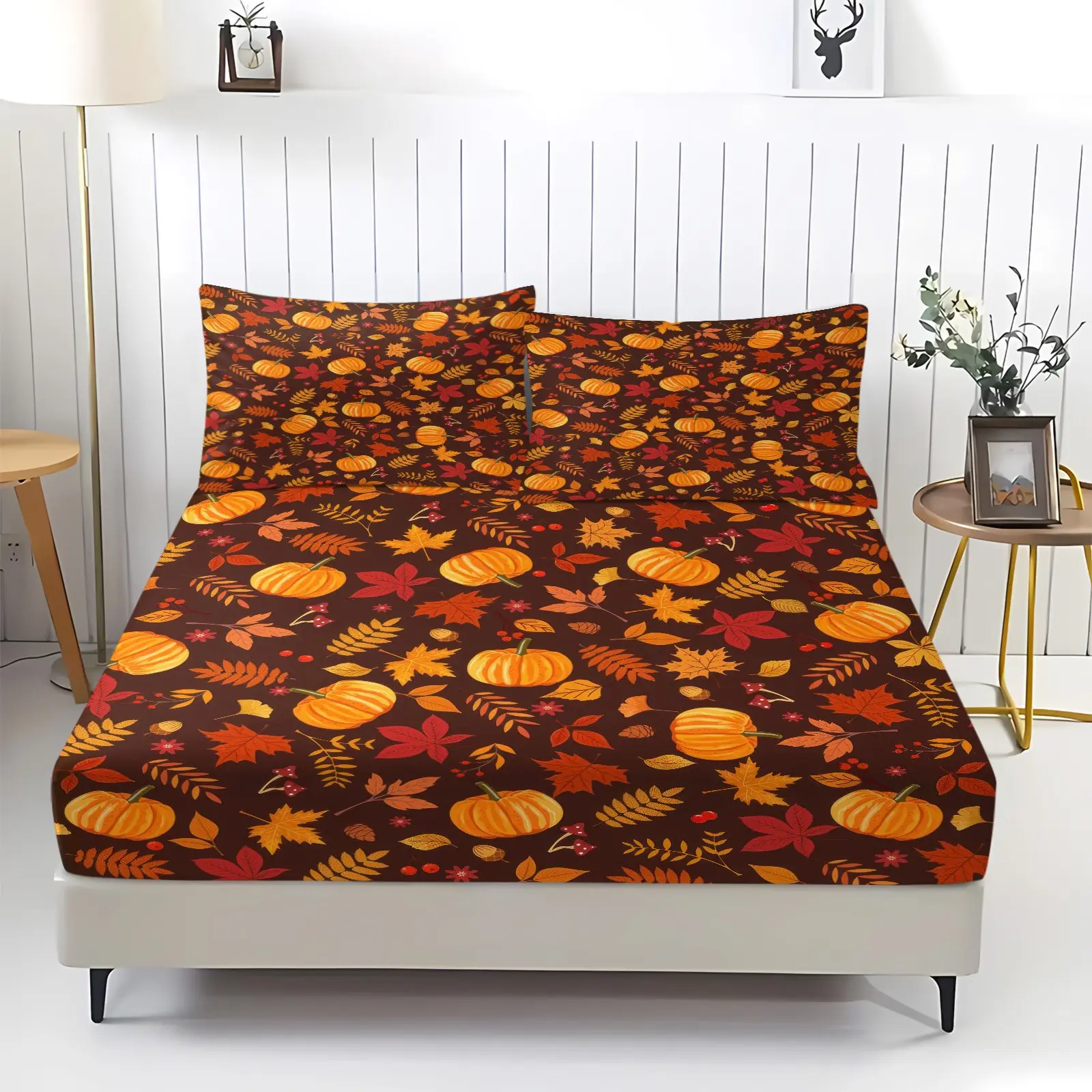 Dark Brown Autumn Pumpkin Maple Leaf Fitted Sheet Set, Bed sheet set, Fall Harvest Digital Print Bedding, Soft Deep Elastic Pocket, Machine Washable, Includes 2 Pillowcases - without Core, Vintage Fall Bedroom Decor