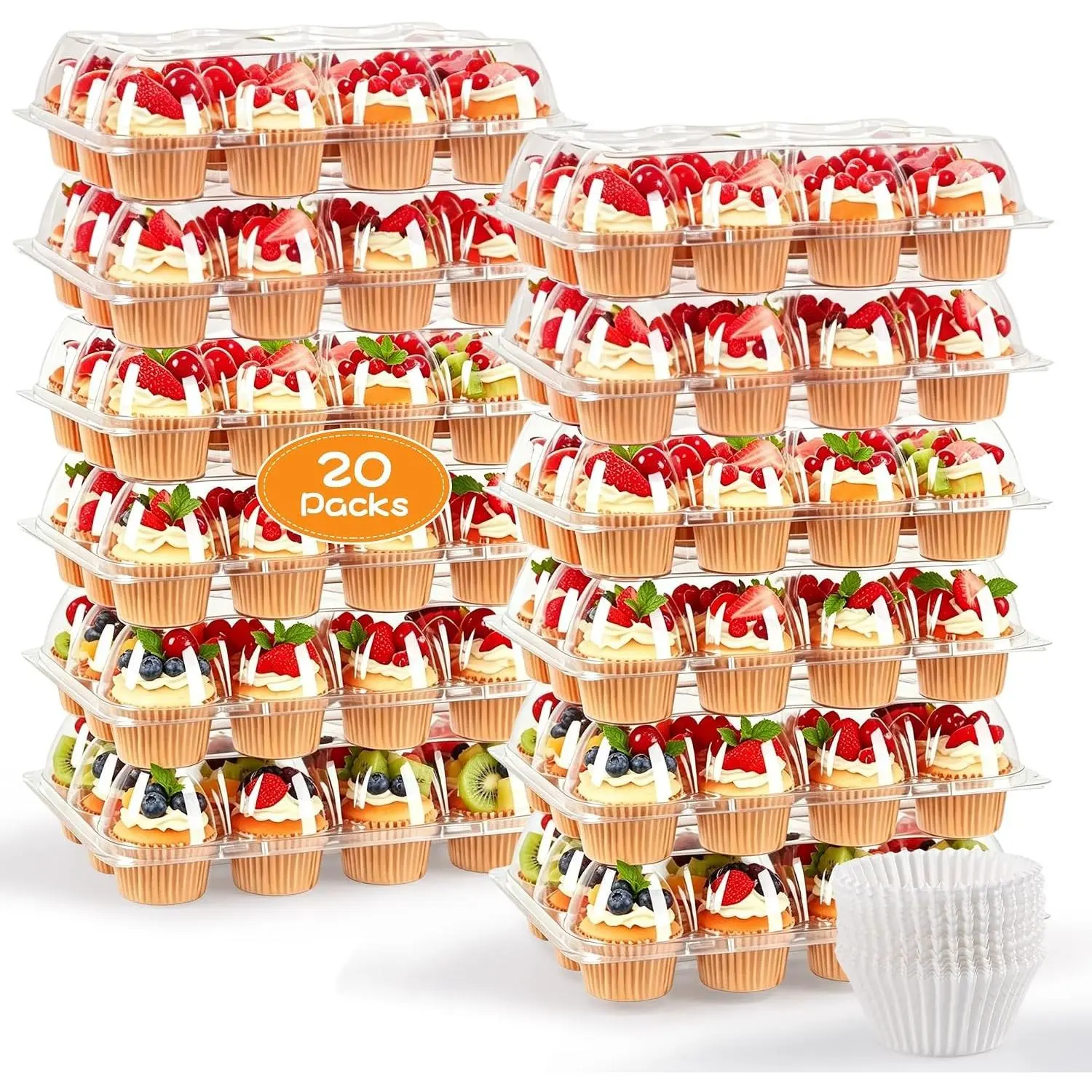 12 Pack x 20 Sets Plastic Cupcake Containers, Stackable Cupcake Boxes Holders with Tall Dome Lid, Disposable Clear Cupcake Carrier Trays for Bakery Transport