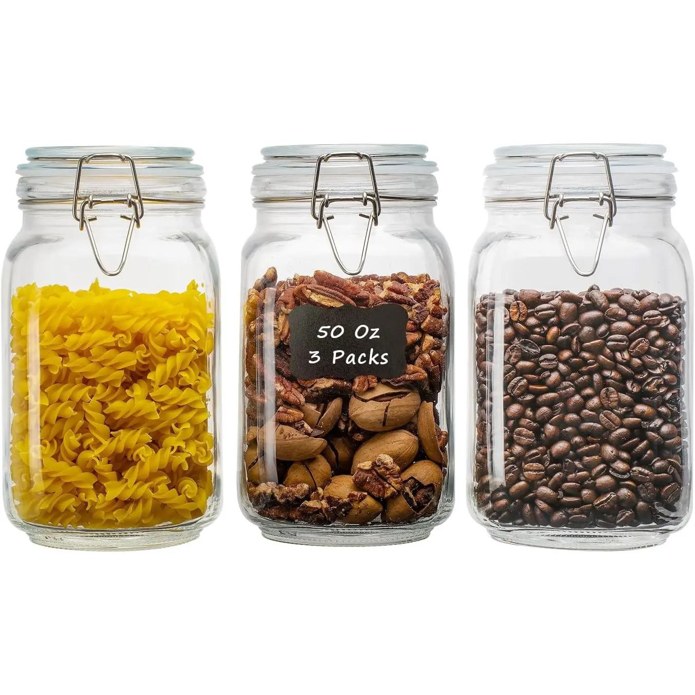 50oz Square Glass  Storage Jars with Airtight Clamp , 3 Pack Large Kitchen Canisters for Flour, Cereal, Coffee, Pasta and Canning, Mason Jar (Clear 50oz Square - 3 sets)