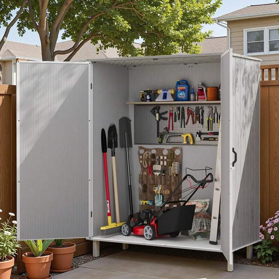 Flamaker 5x3 FT Rectangular Plastic Outdoor Storage Shed - Durable & Stable Construction, Sturdy Resin, Waterproof, Lockable Doors, Stable Roof, Easy Setup (Assembly Required) for Camping, Daily Use, Contemporary Neutral Colors (Dark Grey/Light Grey), Hou