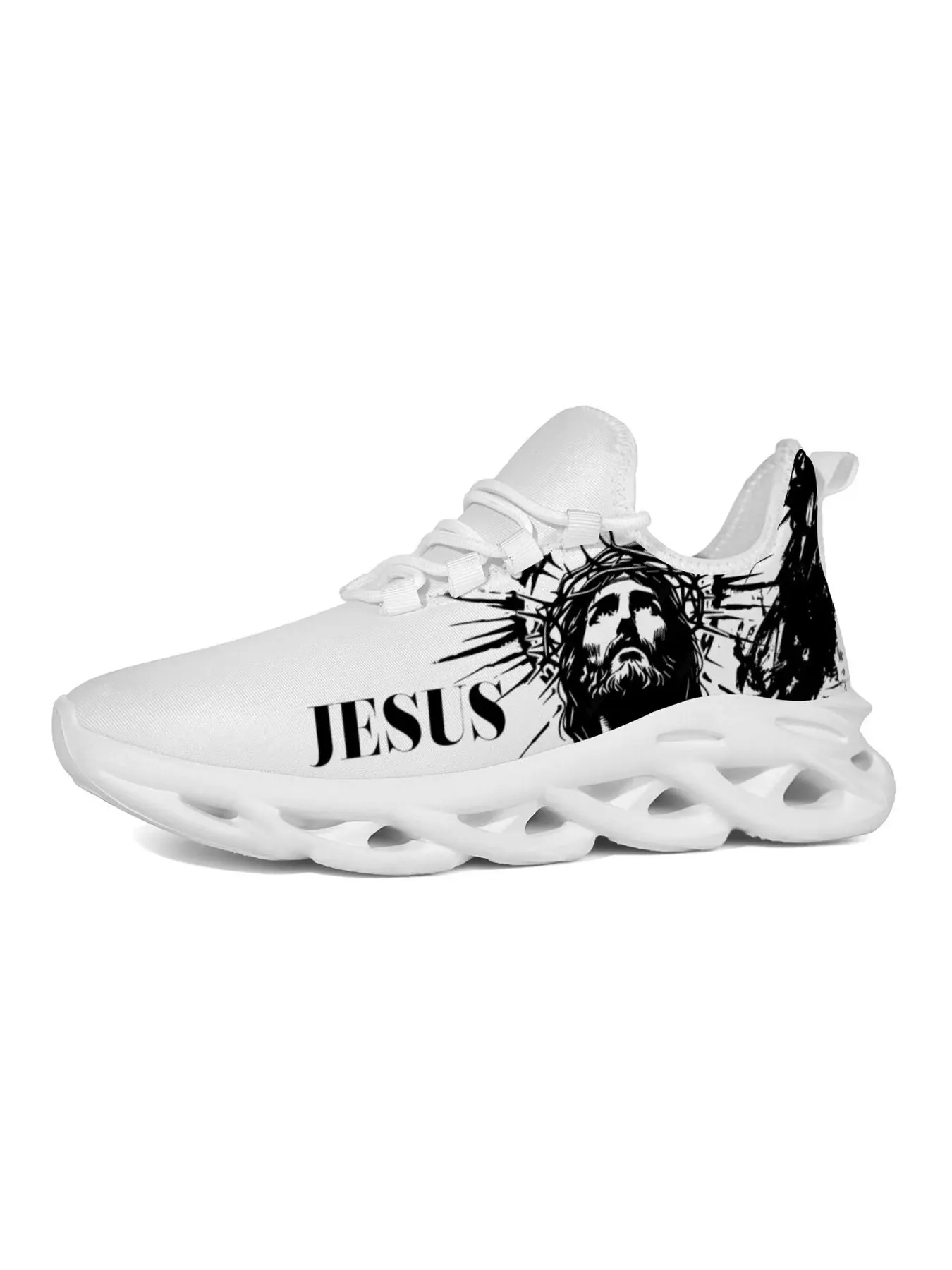 Black White Jesus Crown Of Thorns Print Knit Sneakers Wave Blade Cushion Sole Breathable Non Slip Outdoor Running Casual Faith Trainers For Men Women