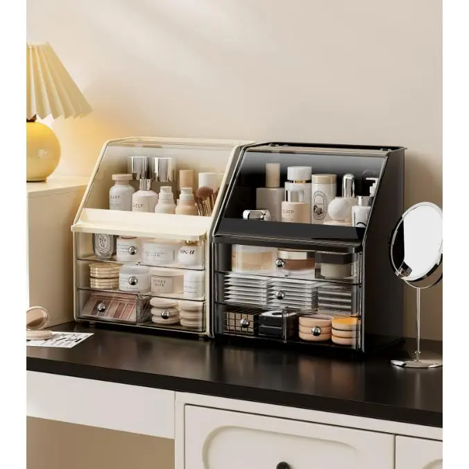 Flip Top Plastic Cosmetic Organizer - Dustproof Home Supplies Storage Box with Compartments for Cosmetics, Pullable Drawers, Large Desktop Space for Skincare, Lip Makeup, Beauty Brushes, Vanity & Makeup Organization