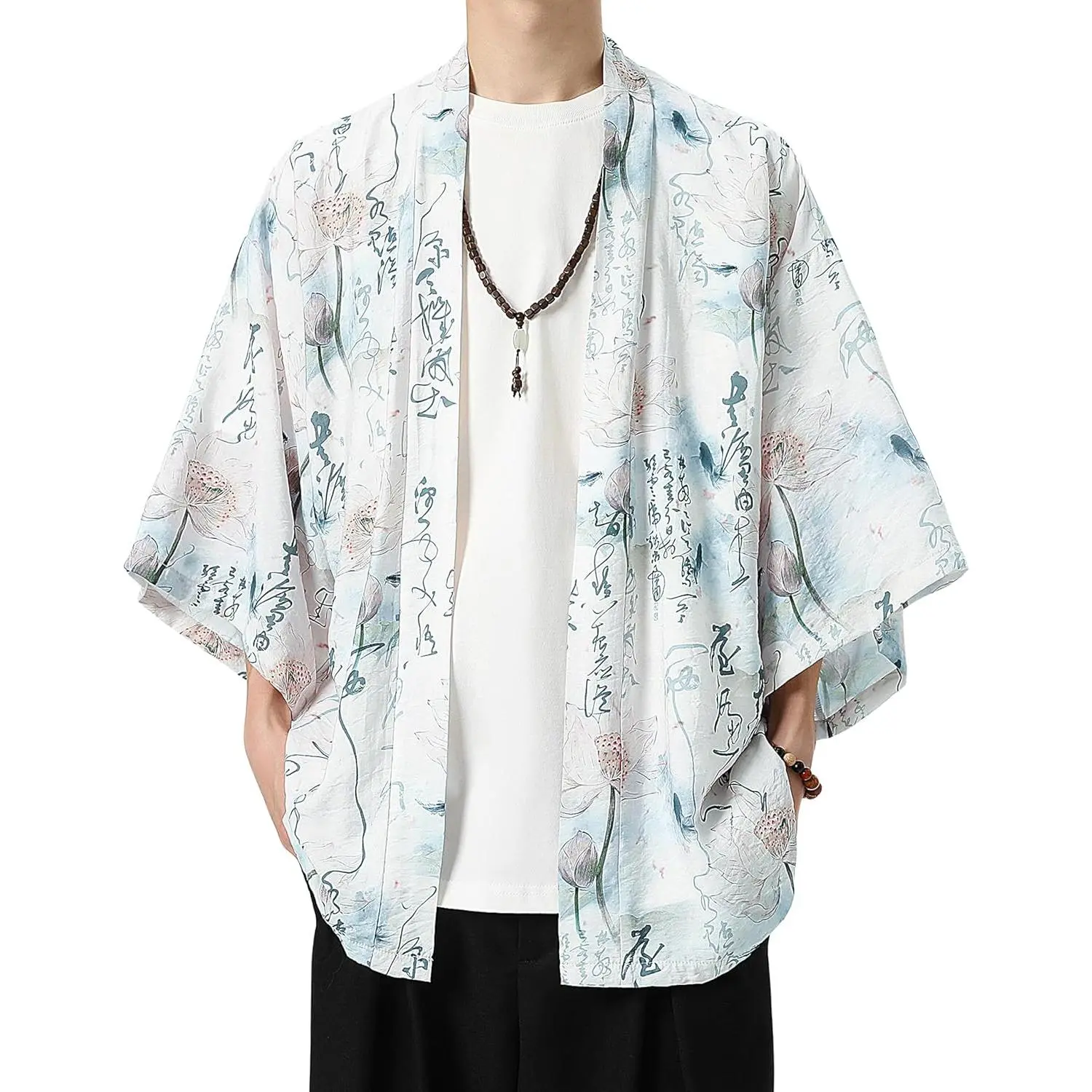 PRIJOUHE Kimono For Men Japanese Style Kimono Robe Jacket Lightweight Open Front Cardigan Seven Sleeve Yukata Coat