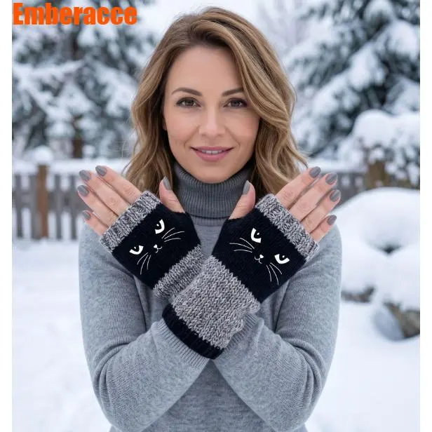 Women's Fingerless Knit Gloves, Cute Crochet Cat Embroidery Gloves with Fashion Cartoon Design, Cozy Warm Winter Hand Gloves with Splicing Detail, Soft Knitted Accessories for Women Daily Wear, Outdoor Travel and Cold Weather