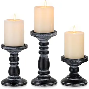 Wood Pillar Candle Holder: 3Pcs Rustic Black Candle Holders for Pillar Candles Wood Candle Holders Distressed Wooden Farmhouse Candle Holder Large Rustic Candle Holder for Fireplace Table