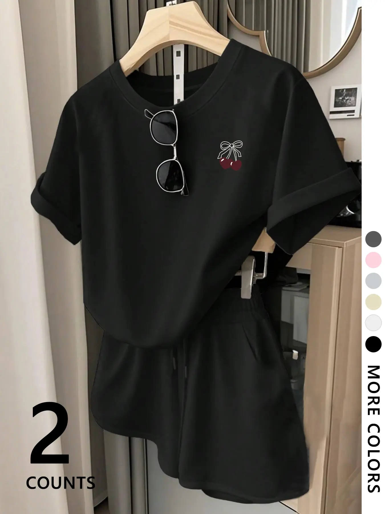 Women's T-Shirt and Shorts Set, Cherry Print, Casual Fashion, Trendy Youthful Style, Comfortable Streetwear, Daily Wear, Shorts Outfit Set