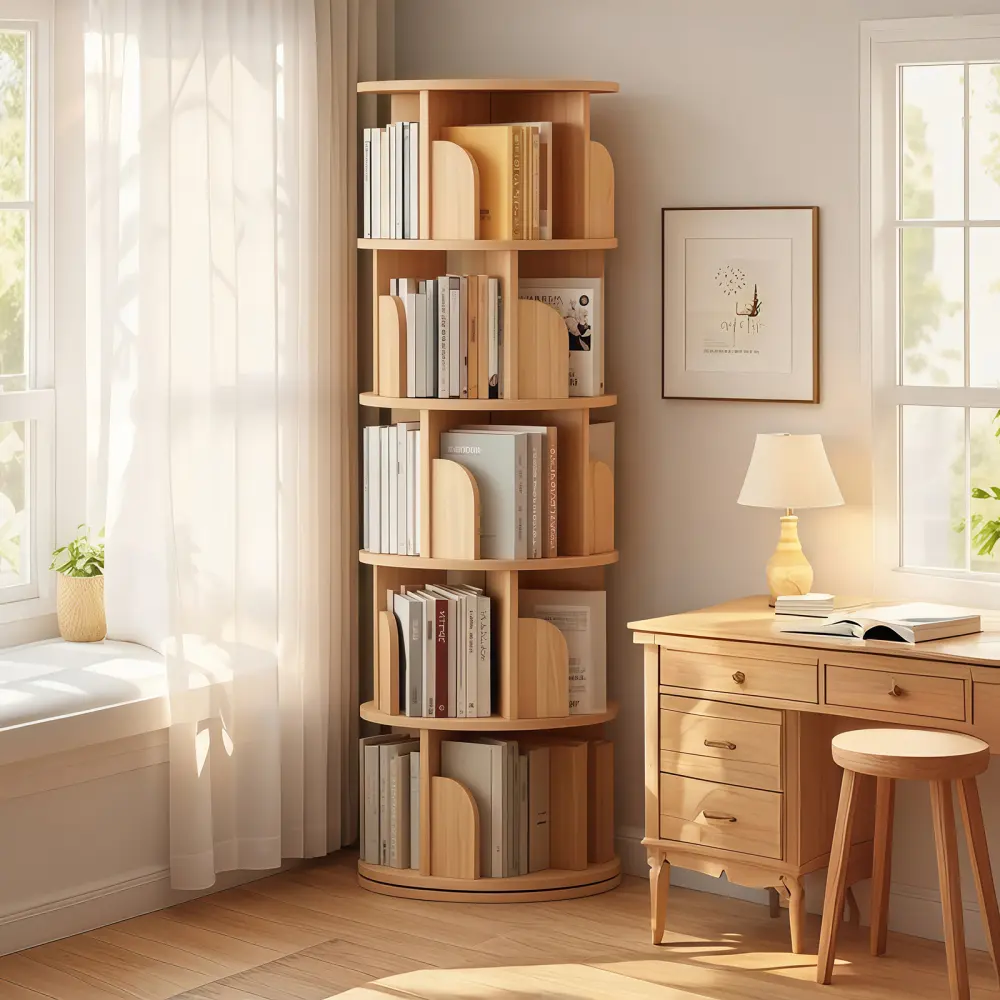 Littleox 5 Tier Rotating Bookshelf, 360° Display Round Spinning Bookshelf, Space-Saving, Small Space Rotating Bookshelf Tower for Bedroom, Living Room, Home, Office, Wood Color