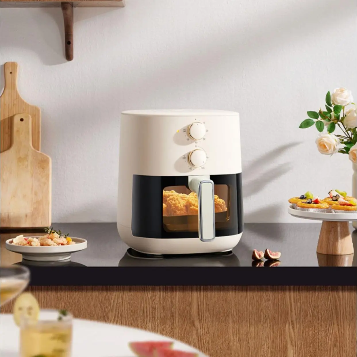 5L Smart Visible Window Air Fryer - 30x29x34 cm Large Capacity Multifunctional Electric Frying & Baking Oven for Small Families, Household Kitchen Appliance, Tin Metal