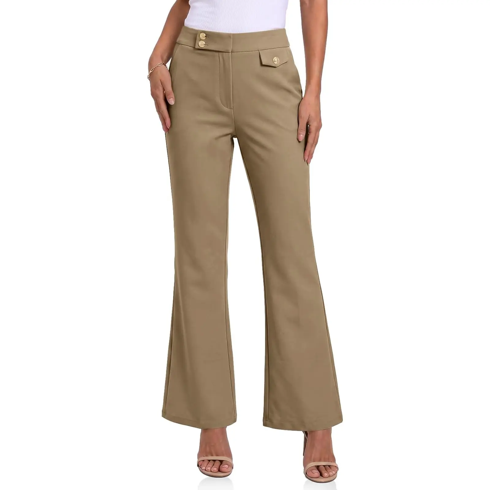 Cicy Bell Womens Flared Dress Pants Stretchy High Waisted Trousers | Relaxed Fit, Casual Trendy, Casual Business, Work Office Slacks, Elastic Waist Trousers With Pockets, Button Design