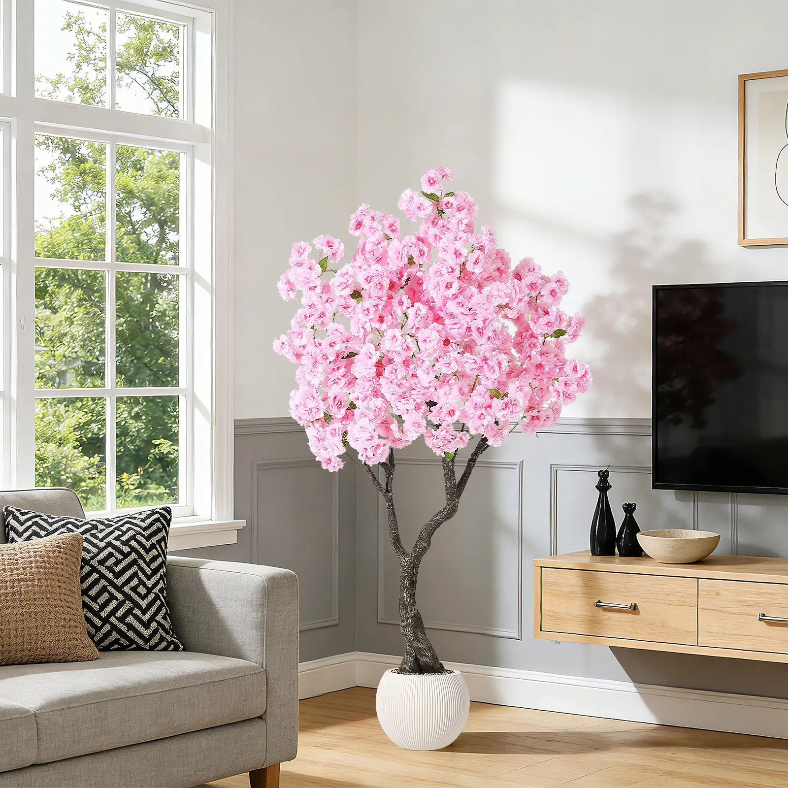 Photorealism Decorative Artificial Cherry Blossom Tree with Nursery Pot - Low-Maintenance Faux Floral Decor for Home, Study All-Seasons Indoor Decoration (Living Room, Office)