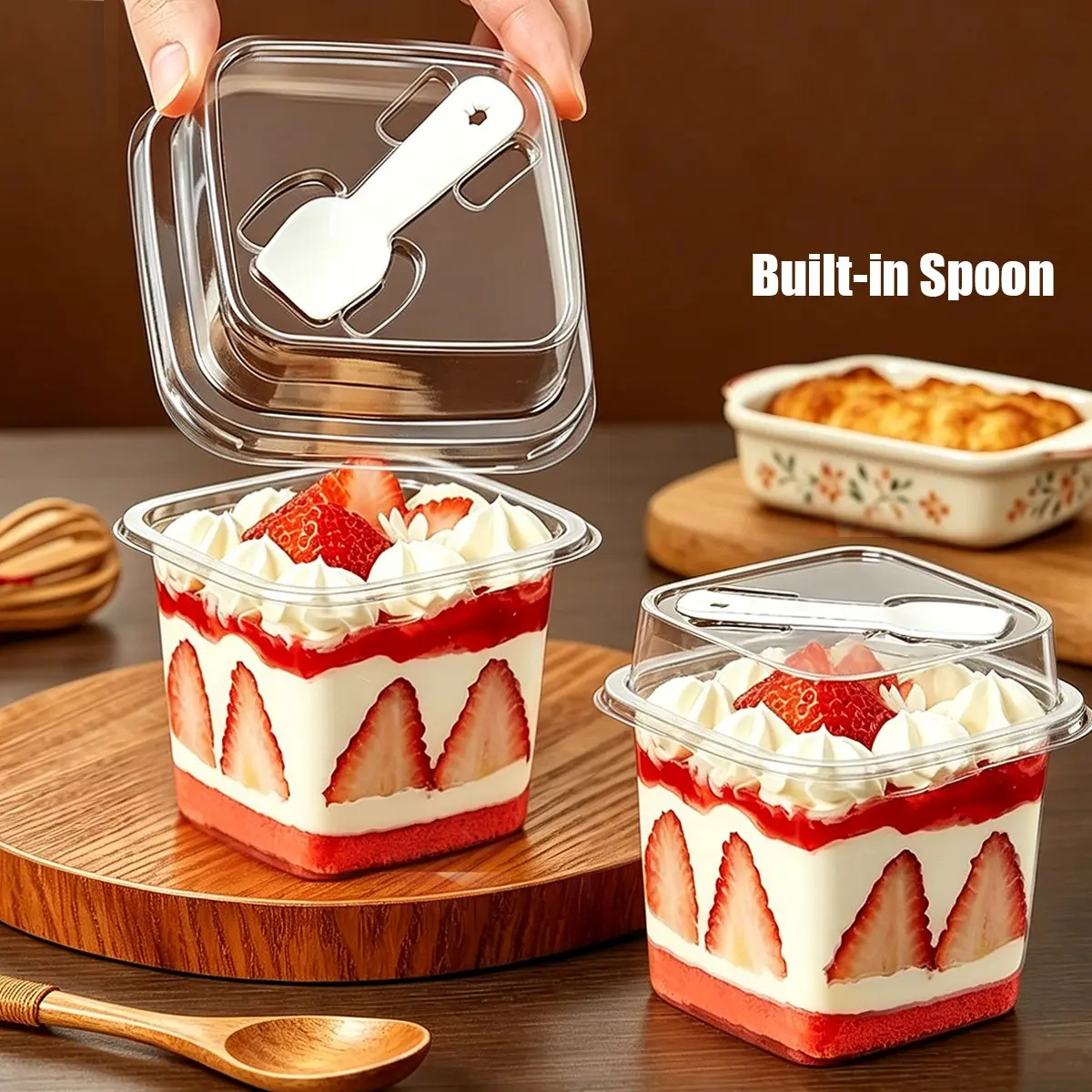 Transparent Cake Box with Spoon and Lid, Reusable Leak-Proof Plastic Container for Pudding, Yogurt, Mousse, Individual Dessert Containers, Food Storage Containers, Ideal for Parties and Home Use