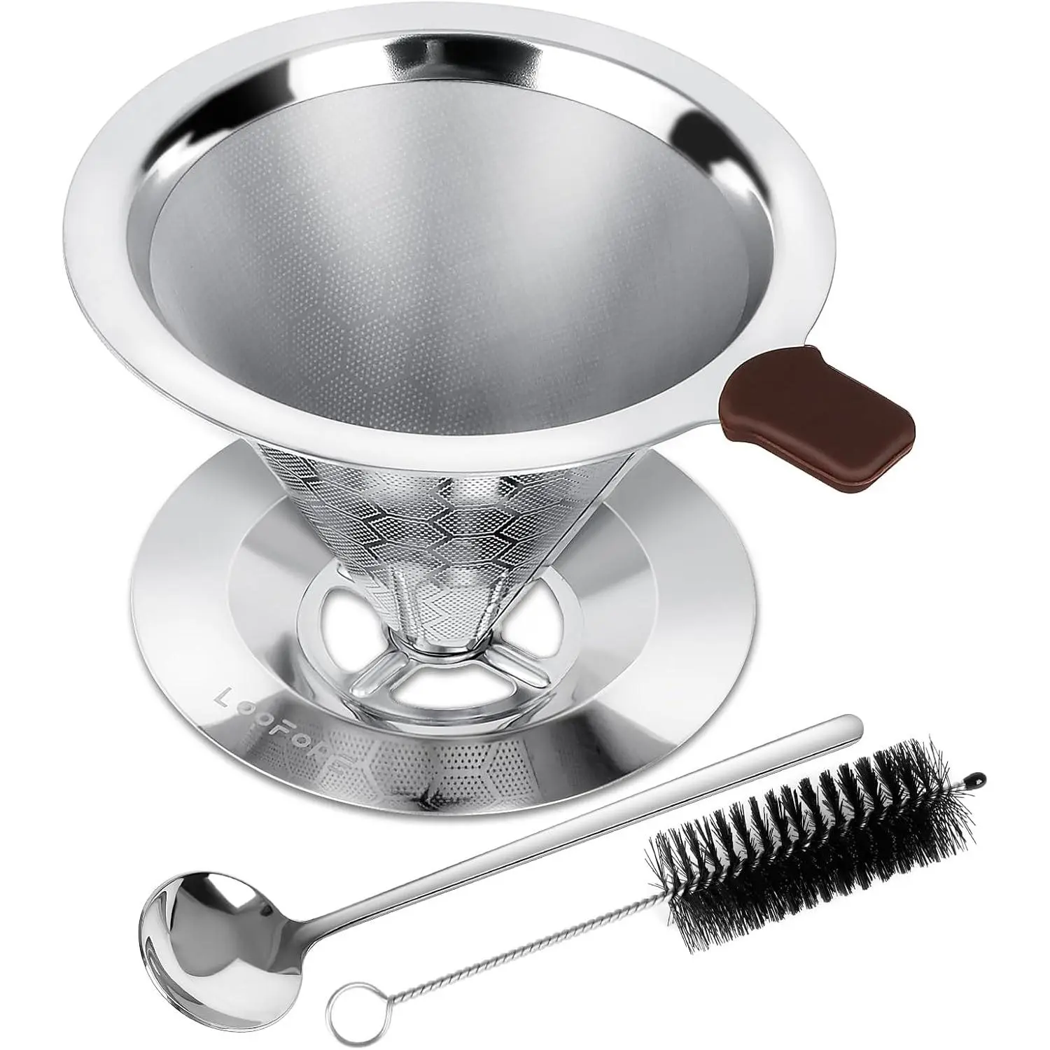 Pour Over Coffee Dripper, Stainless Steel Coffee Filter, Metal Cone Filter Paperless Reusable Coffee Filter Single Cup Coffee Maker 1-2 Cup, with Spoon and Silicone Tray, Cleaning Brush