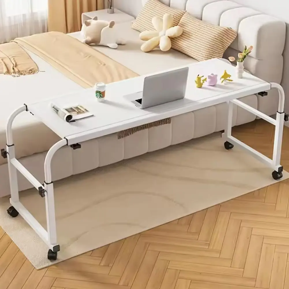 Adjustable Overbed Table with Locking Wheels, Heavy-Duty Rolling Bedside Desk - Height & Length Adjustable - Ergonomic Curved Edge - Mobile Laptop Table for Hospital & Home Care, White