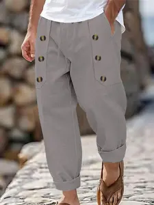 Men's Linen Button-Front Long Loose Casual Beach Pants, Drawstring Waist, Cuffed Ankles, Breathable, Versatile, Vintage Casual Trousers