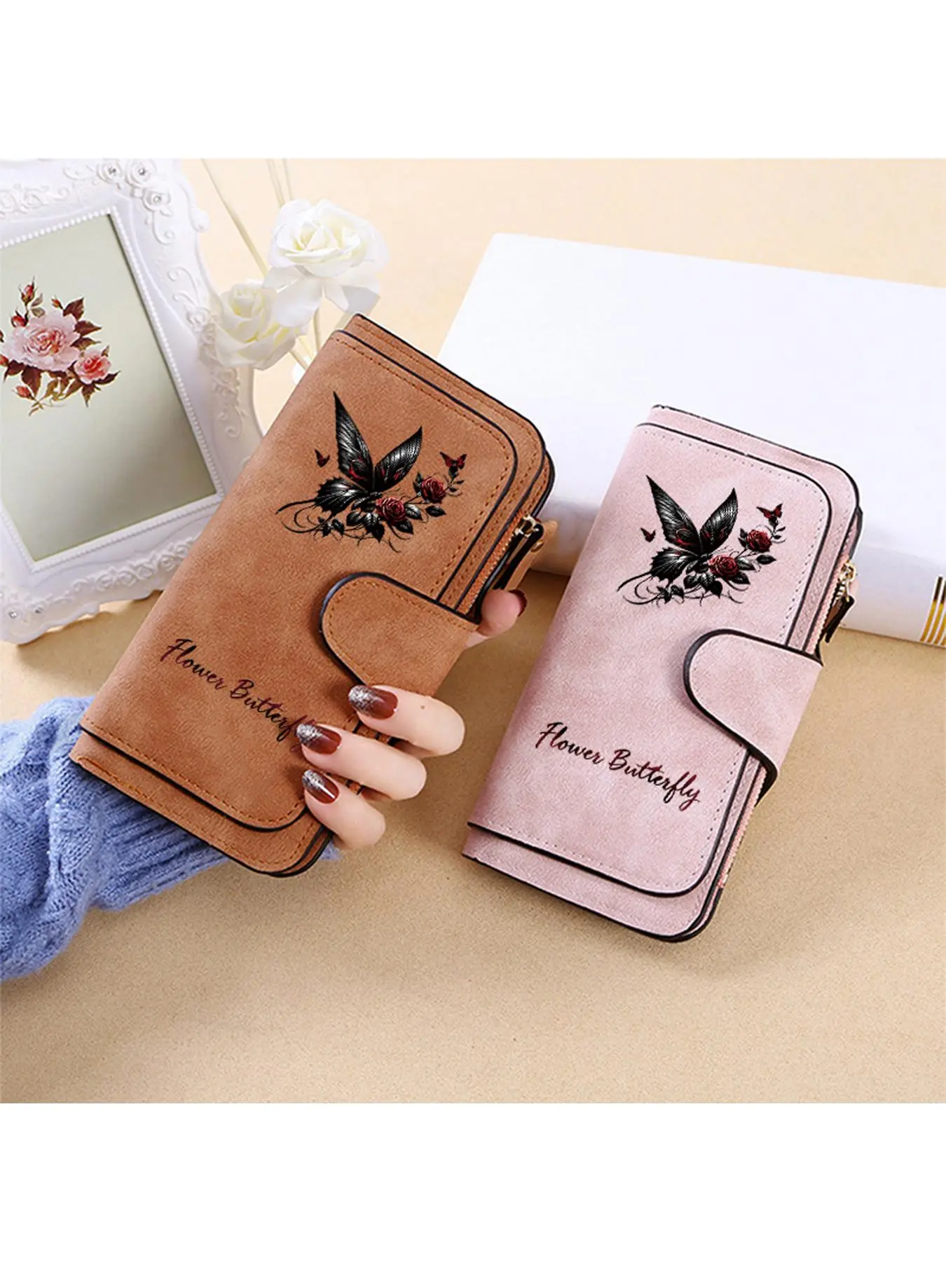 1 Gothic style women's long hand-held wallet, Pu leather wallet, available in multiple colors, decorated with Gothic style butterfly and rose patterns, multi slot women's wallet, suitable for various scenarios, birthday gifts