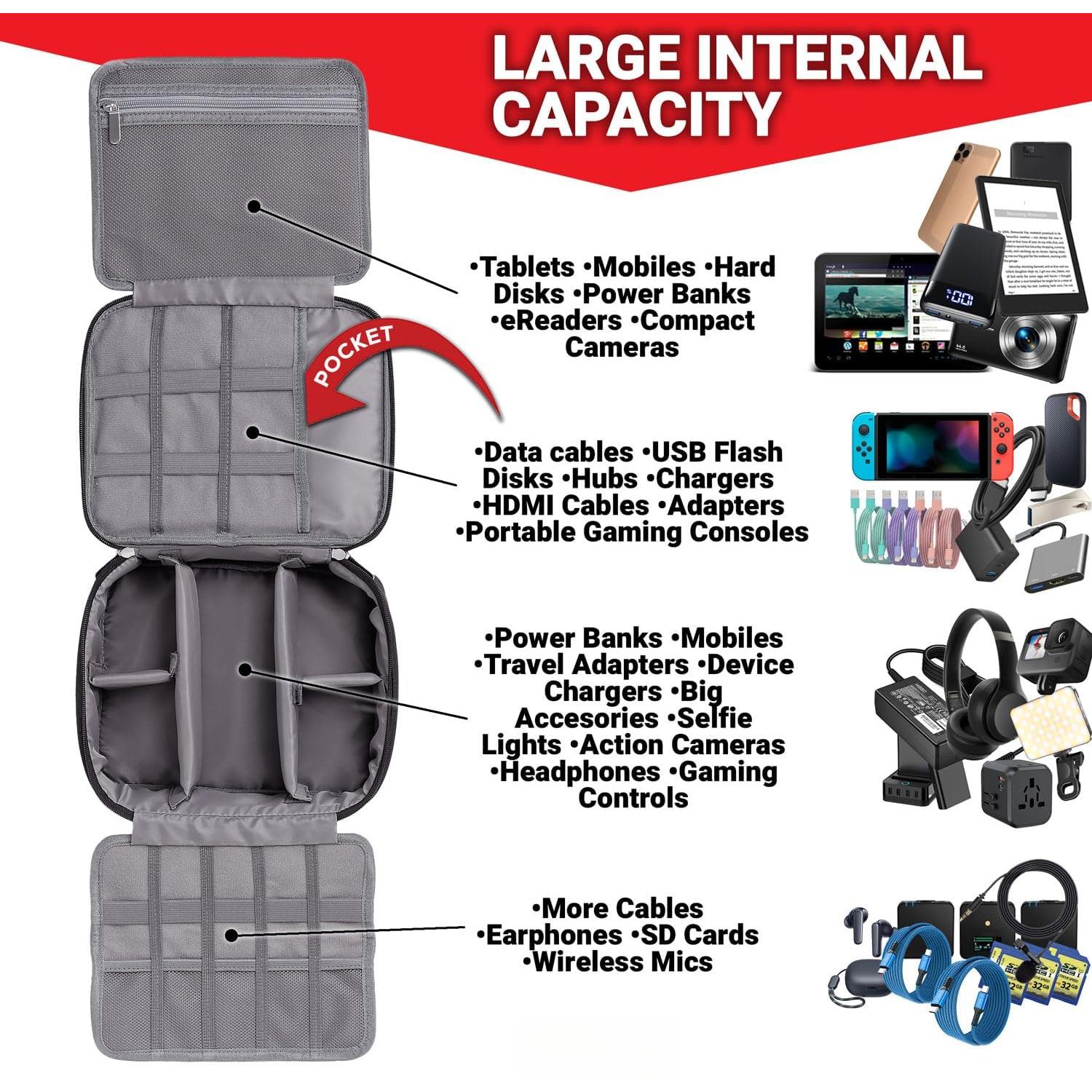 Electronics Organizer Case - Multi-Layer Full Flat Opening With Compartments and Pockets - Cord Organizer for Accessories, Cables, Electronics Travel