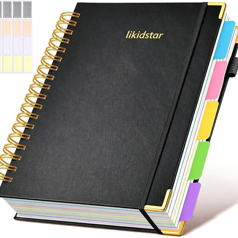 Leather Dividers Tabs, 300 Pages 5-Subject 8x10 Inch Notebook, Large Format Spiral Journal Writing Notebook, Planner Notebook for Work, School, Travel Diary, Study Notebook