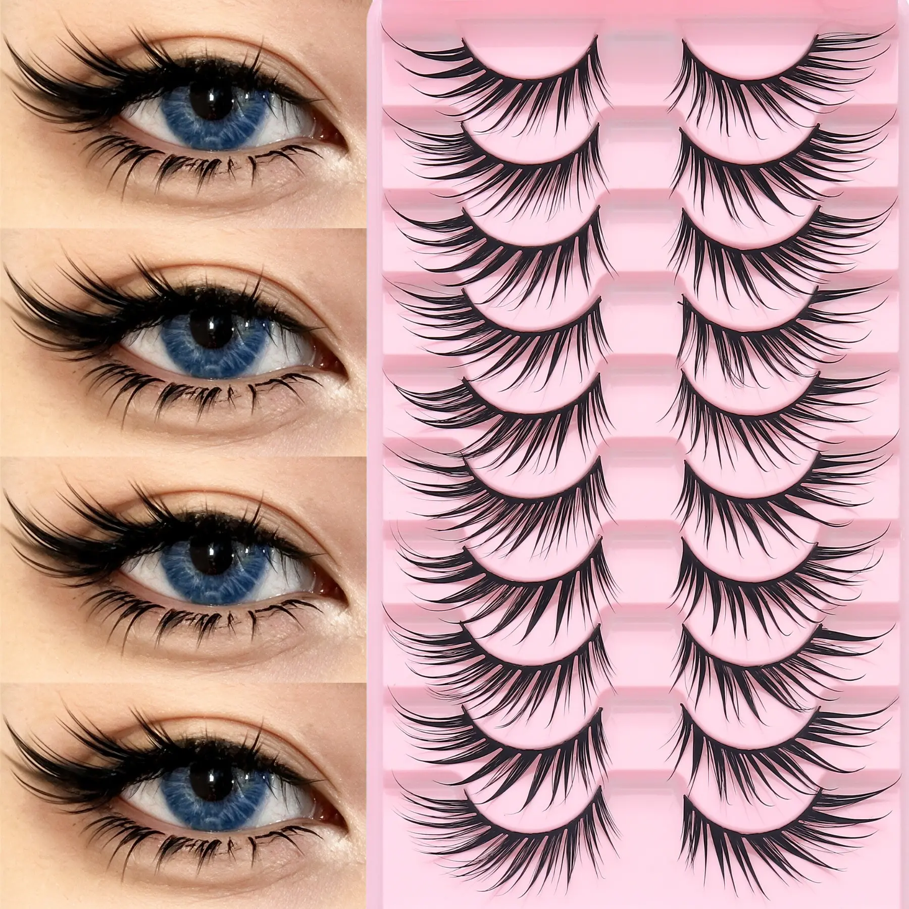 10 Pairs Wet Look Spiky Fox Eye Anime Strip Lashes, Dramatic Pointed Tip False Eyelashes, Reusable Long Lasting Fake Lashes for Anime Cosplay, Halloween, Club Party & Stage Makeup Beauty Tool