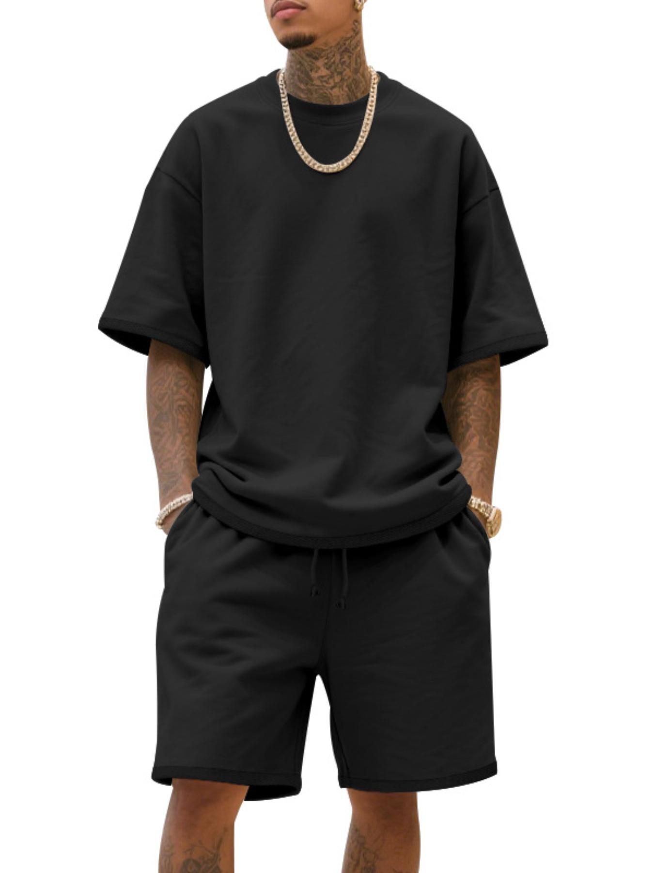 Men's Summer Casual Set, Pure Color Round Neck Short Sleeve Knit Tee & Shorts, Classic Loose Fit Sportswear, Comfortable Daily Wear Outfit Men's Summer Casual Set, Pure Color Round Neck Short Sleeve Knit Tee & Shorts, Classic Loose Fit Sportswear, Comfortable Daily Wear Outfit