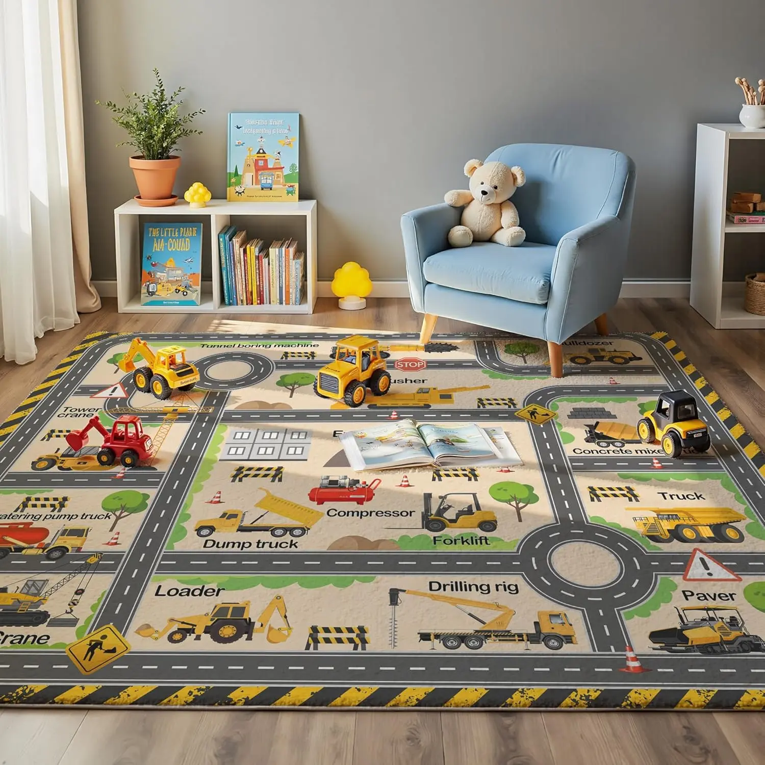 Construction Site Play Rug for Kids - Interactive Engineering Vehicles Faux Wool Carpet with Excavator & Digger Design, Non-Slip Educational Mat for Playroom, Bedroom Gifts (Boys & Girls), Rectangle, Engineering Theme