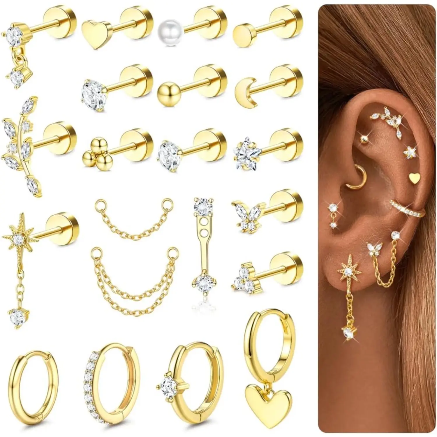 Trendy 21-Piece Set of Ear Cartilage Jewelry – Hypoallergenic Flat Earrings, Ear Cartilage Hoops, Tragus Studs, Cartilage Earrings – Women's Jewelry – Gold/Silver