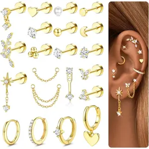 Fashion  21-Piece Set of Ear Cartilage Jewelry – Hypoallergenic Flat Earrings, Ear Cartilage Hoops, Tragus Studs, Cartilage Earrings – Women's Jewelry – Gold/Silver
