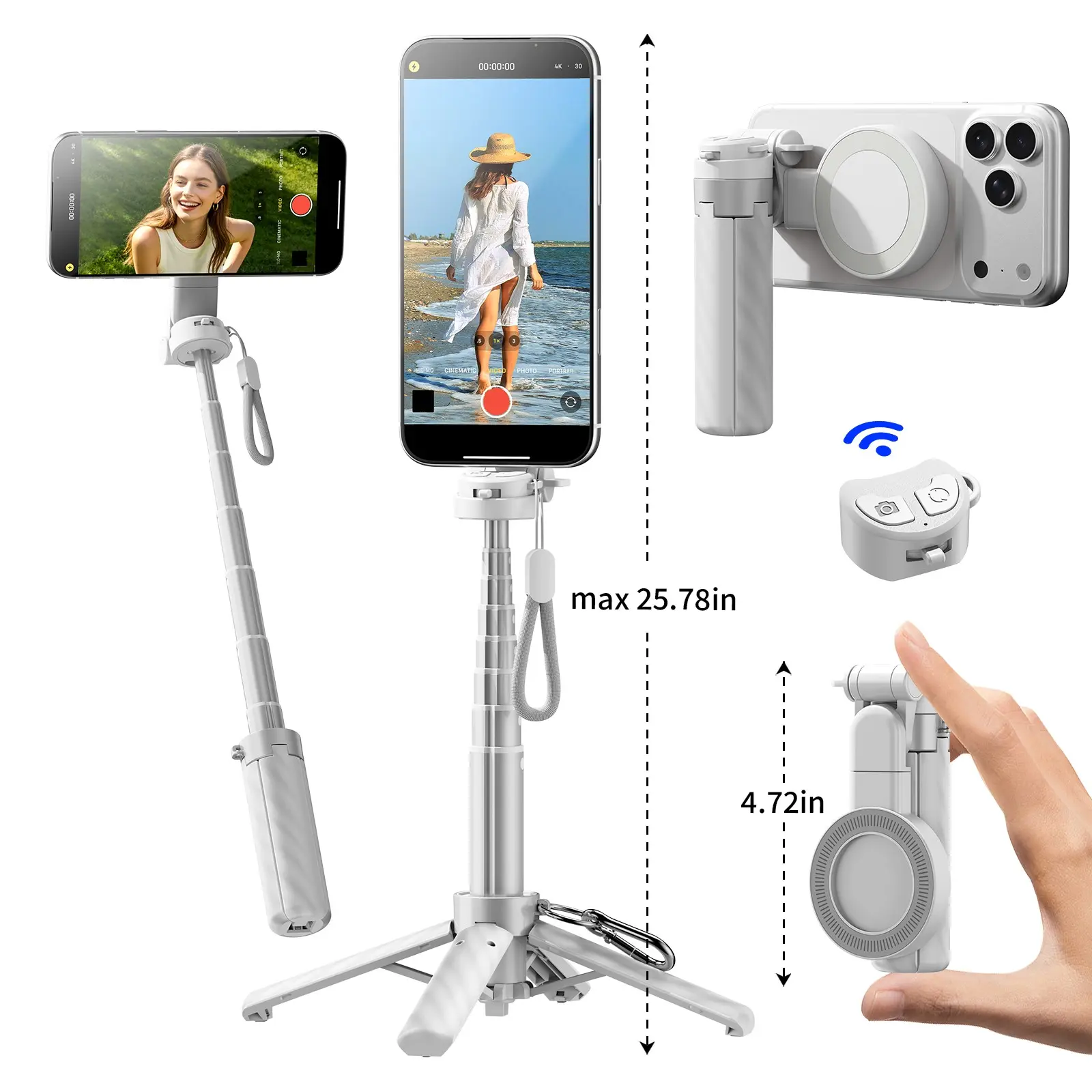 7 in 1 Double-Sided Magnetic Selfie Stick Tripod, Dslr-Style Phone Camera Grip, Makeup Mirror & Phone Holder, Cellphone Selfie Accessory, Compatible with iPhone 17/16/15/14/13/12 Pro Max