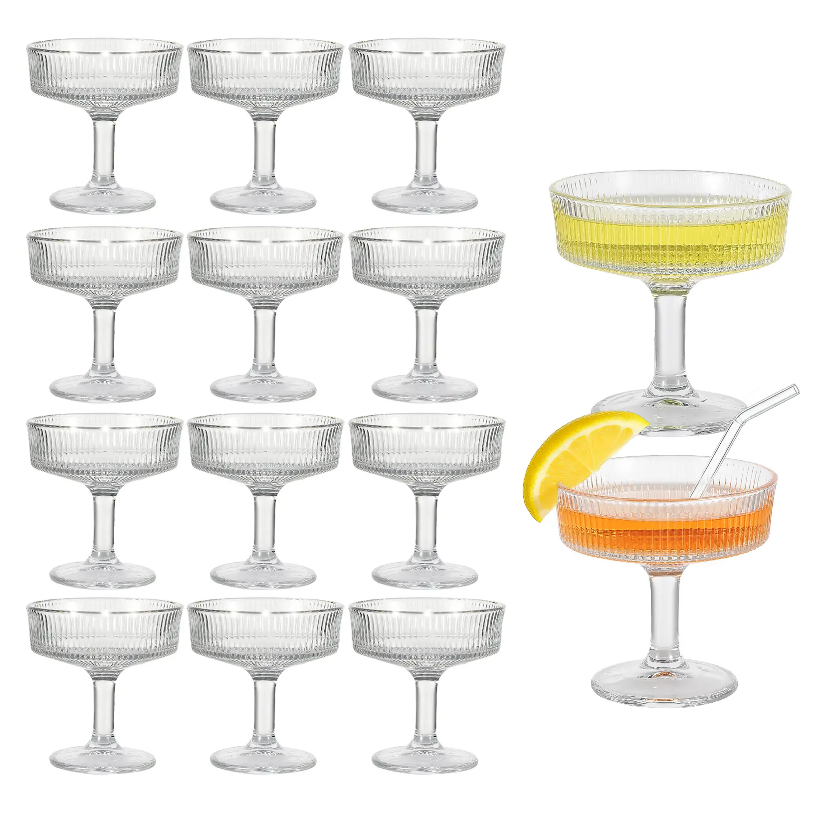 Ribbed Glass Cup Set - 12-Pack 7 Oz Vintage Solid Thick Base Coupe Glasses, Machine-Made Crystals Drinkware for Champagne, Ideal Romantic Occasion Gift, Reusable Kitchenware