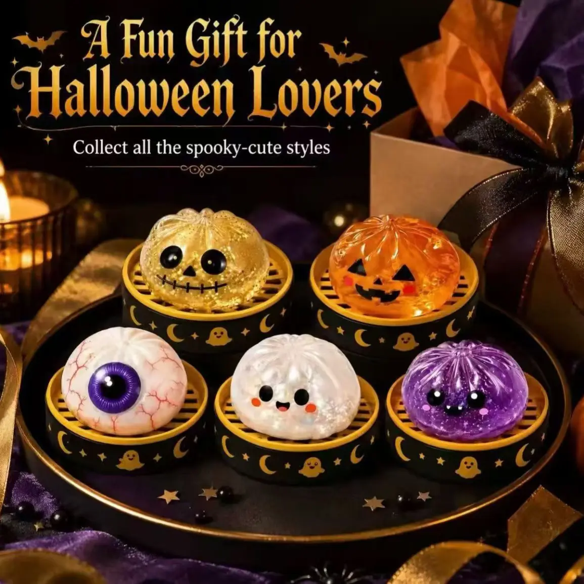 Halloween Glitter Squeeze Dumpling Toy Set, Fun Squishy Toys for Kids & Adults, Perfect Gift for Halloween Parties, Relaxing Sensory Play Kit
