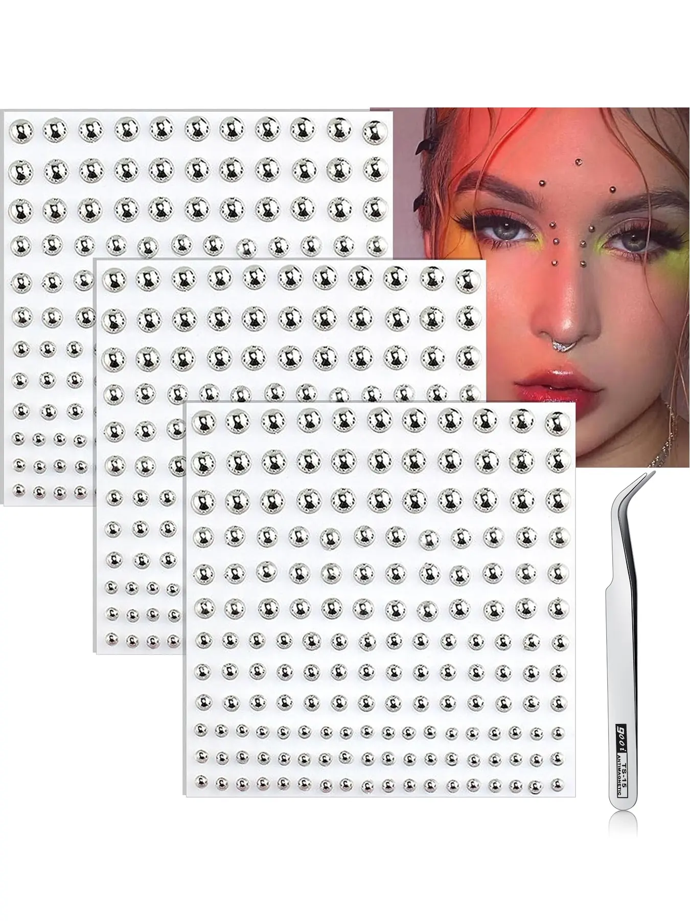 Face Gems Lip Stud, Fake Piercings y2k Accessories Nose Stud Eyebrow Stud, Non Piercing Nose Stick on Silver Belly Button Sticker, Face Sticker Ring Cool Punk Y2K Makeup for Women Men